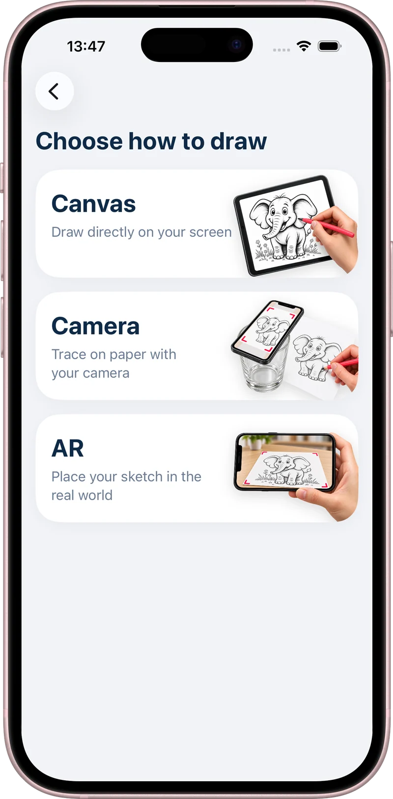 App screen showing Canvas, Camera, and AR drawing modes in a pink iPhone mockup